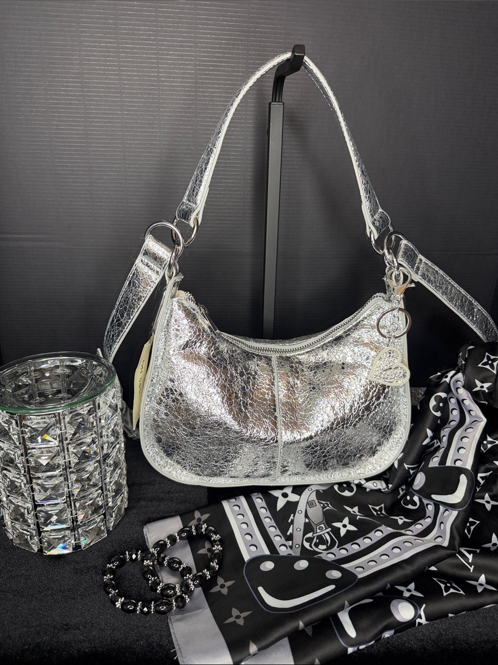 Silver Cracked-Texture Shoulder Bag with Heart Charm